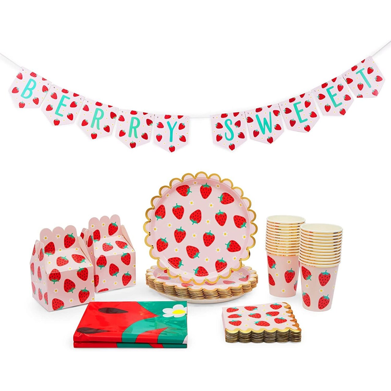 Serves 24 Strawberry Party Decorations - Berry Sweet One Birthday Party Supplies with Favor Boxes, Plates, Napkins, Cups, Tablecloths, and Banner (87 Pieces)